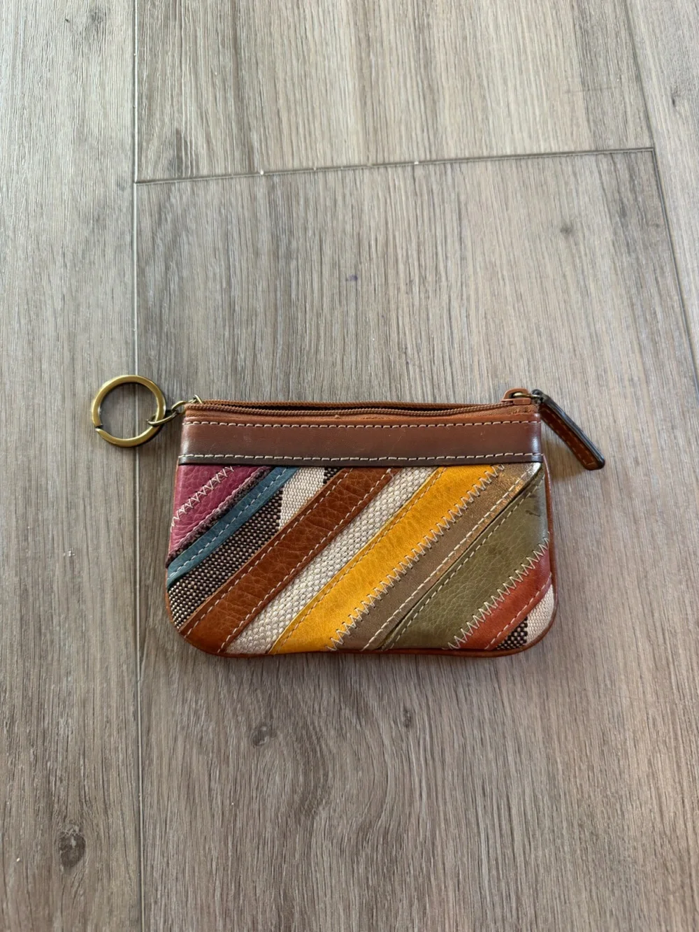 Fossil Leather Multi-Color Stripe Zip Pouch with Keyring